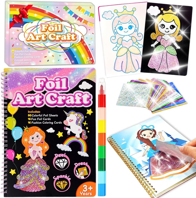 NaTuGi Foil Art Fun for Kids - Princess and Unicorn Theme Arts and Crafts Kits，Kids Fun Art Supplies ，Creative Birthday Gift ，Travel Toys，Suitable for Girls and Boys Craftikit (Princess) - Image 1
